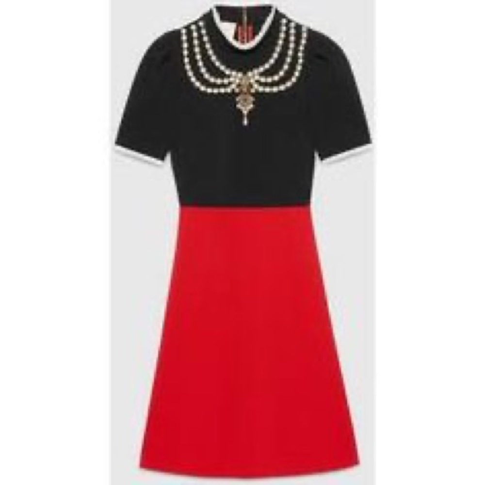 Gucci Black and Red Mini Dress with Faux Pearl Bib